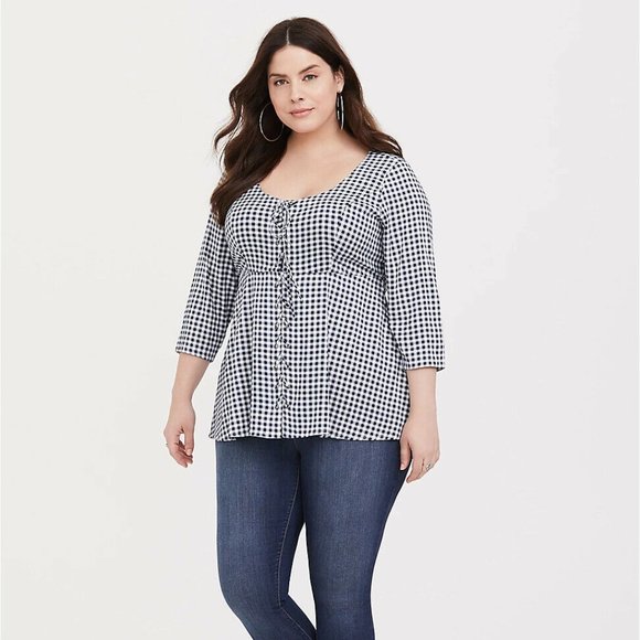 torrid Tops - NWT Torrid Gingham Challis Babydoll Top Blue White Women's Size 4 4X H12280